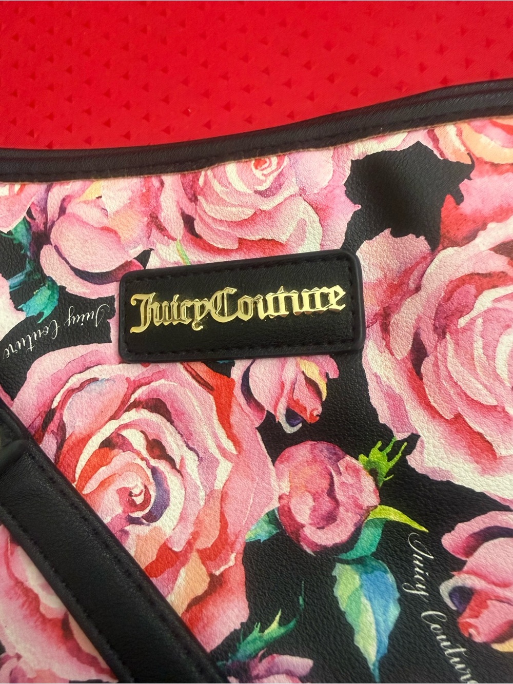 Juicy Couture Pink Rose Floral Tote Bag Large Shoulder Handbag Black Trim - Picture 4 of 5